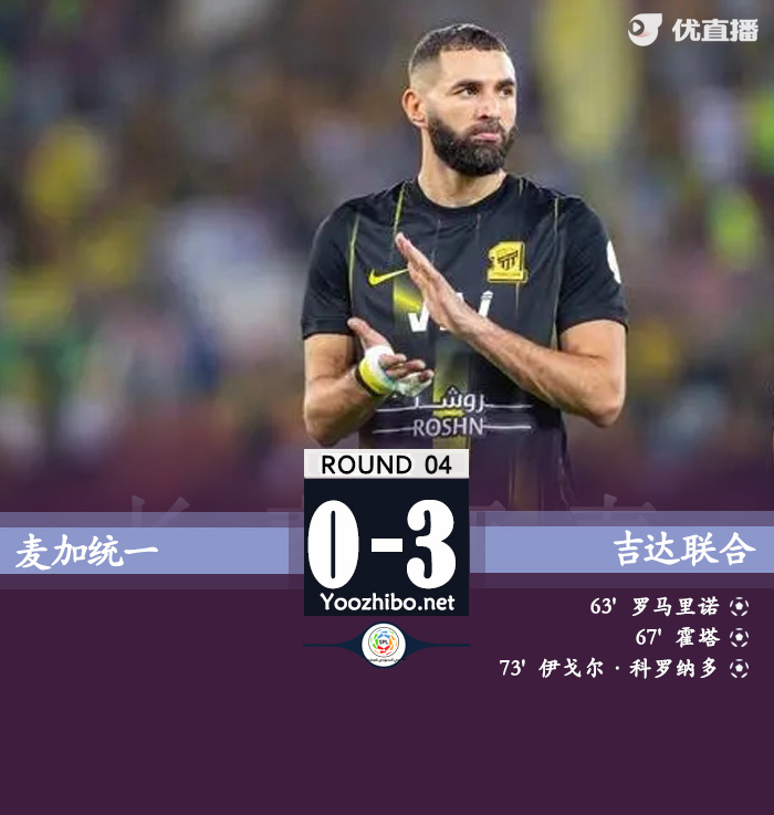 吉达联合3-0麦加统一 本泽马伤退罗马里尼奥传射
