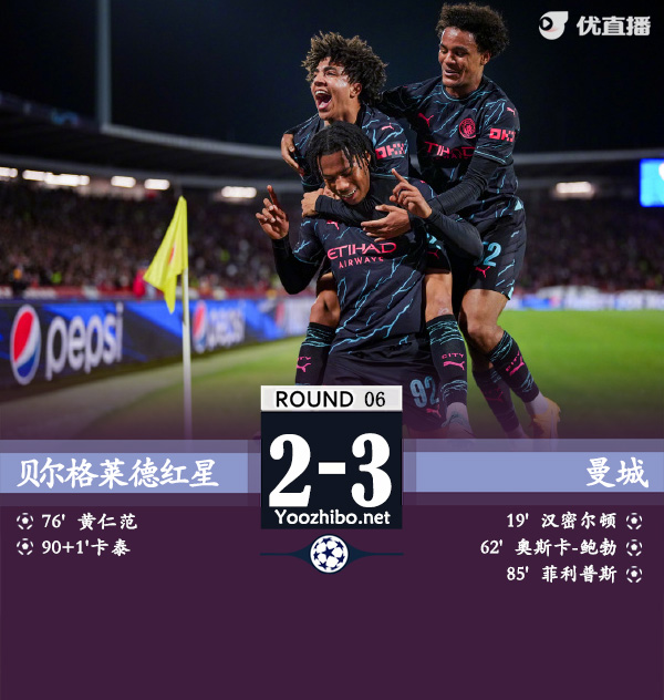 曼城3-2红星 汉密尔顿首秀破门+造点菲利普斯首球