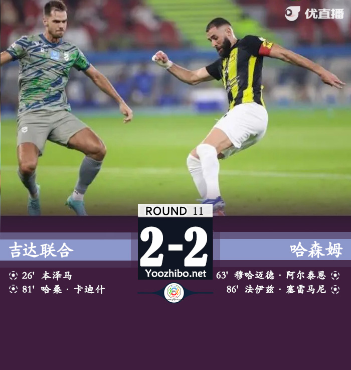 吉达联合2-2哈森姆 本泽马传射坎特助攻