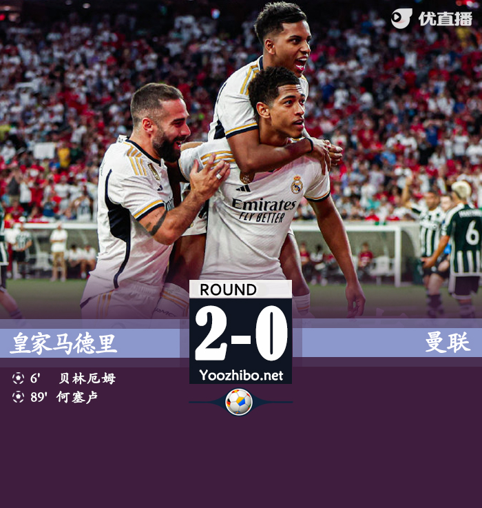 皇马2-0曼联 贝林厄姆处子球何塞卢潇洒倒钩