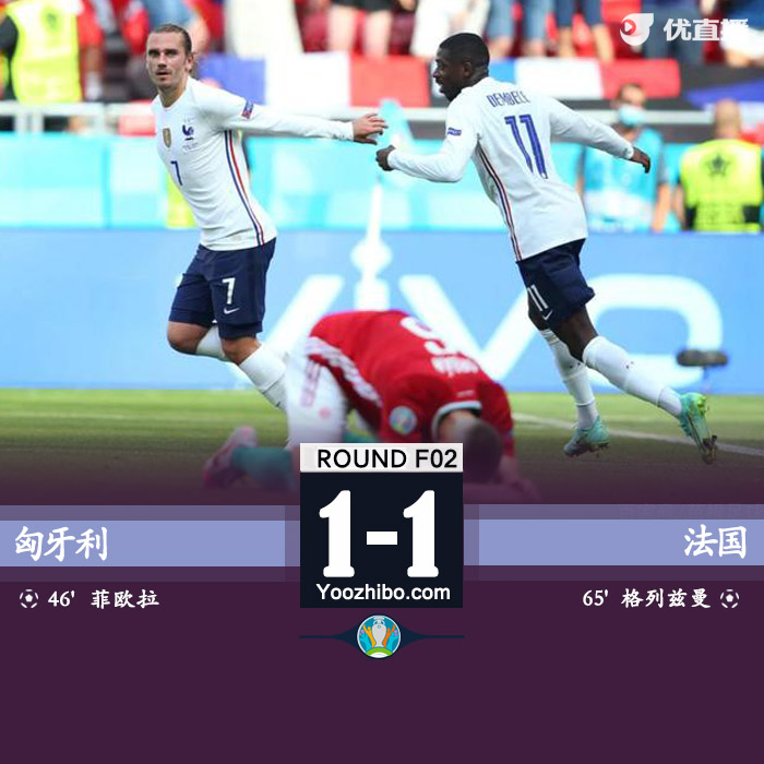 法国1-1匈牙利 菲欧拉破门格列兹曼扳平登贝莱替补伤退