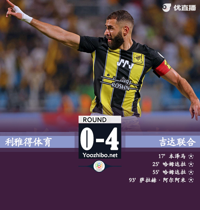 吉达联合4-0利雅得体育 本泽马首球哈姆达拉倒钩+双响