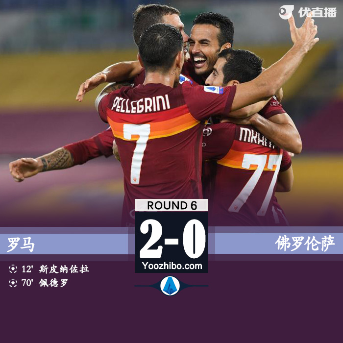 意甲简报：罗马2-0佛罗伦萨 斯皮纳佐拉破门佩德罗建功