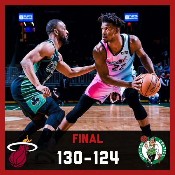 热火130-124击败绿军  巴特勒26+8+11 邓罗22分 富尼耶30+8