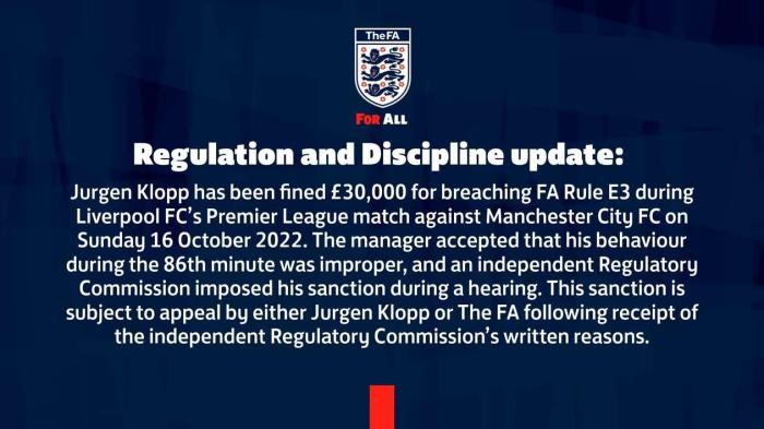 克洛普怒吼裁判被罚款3万英镑，公告未提及禁赛