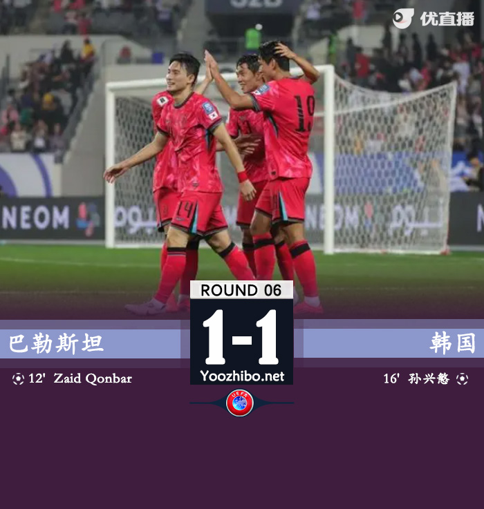 韩国1-1遭巴勒斯坦逼平 金玟哉送礼丢球孙兴慜扳平