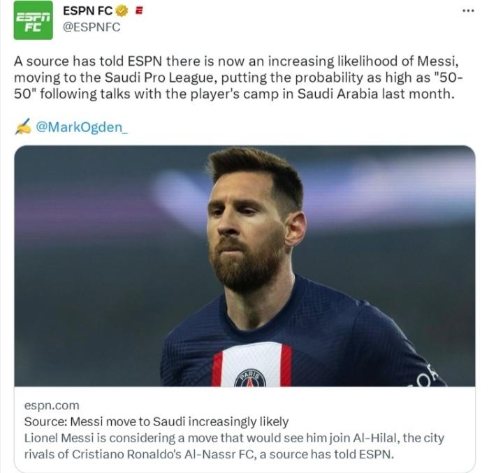 曝梅西正积极考虑去沙特！消息人士称可能性五五开，年薪低于4亿欧